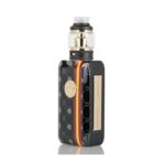 Black Vape Mod with Gold Accents Patterned Body and a Glass Tank on Top Standing Upright on a White Background - Australia E-cigarette Store