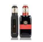 Pair of Vape Mods with Glass Tanks and Gold Accents One Black Body with a Vertical Gold Panel and the Other Black with a Red Band and Emblem Facing Forward - Australia E-cigarette Store