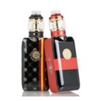Pair of Black and Red Vape Mods with Gold Accents and Patterned Exteriors Standing Together on a White Background - Australia E-cigarette Store