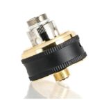 Close-up of a Gold and Black Vape Atomizer with Knurled Rings and Metal Connectors on a White Background Viewed at an Angle - Australia E-cigarette Store