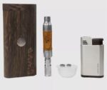 Wooden Box Beside a Disassembled Vape Pen and a Small White Container with Two Caps Plus a Compact Silver Lighter on a Light Background - Australia E-cigarette Store