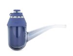Blue Glass Water Pipe with a Long Curved Neck and Blue Top Shown in Profile on a White Background - Australia E-cigarette Store
