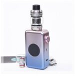 Gradient Blue-to-purple Vape Mod with Attached Glass Tank and Chrome Mouthpiece on Top a Coil Spare Coil Cup and Charging Cable Sit Nearby - Australia E-cigarette Store