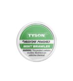 Tyson Mint Brawler Nicotine Pouches Tin Label with Nicotine Warning on a Green-and-white Lid - Australia E-cigarette Store