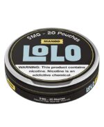 Round Black Tin of Lolo Mango Nicotine Pouches 9 Mg Per Pouch 20 Pouches with Nicotine Warning Label - Australia E-cigarette Store