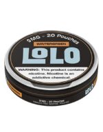 Round Black Tin of Lolo Nicotine Pouches in Wintergreen Flavor 9 Mg Per Pouch with Nicotine Addiction Warning Label - Australia E-cigarette Store