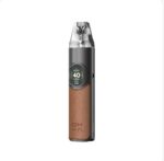 Vape Pod Device with a Brown Leather-textured Grip and a Clear Mouthpiece Standing Upright with a Circular Display on the Top Section - Australia E-cigarette Store