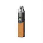 Pod-style Vape Device with a Black Body Orange Textured Grip and a Clear Mouthpiece on Top Shown from the Side - Australia E-cigarette Store