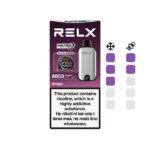 Relx Vape Kit with Purple Grape Flavor Packaging and a Silver Device Plus a Prominent Nicotine Warning Label on the Bottom - Australia E-cigarette Store