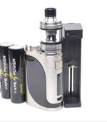 Vape Mod with Attached Glass Tank Next to a Tall Battery Charger and Three Black Vape Batteries - Australia E-cigarette Store