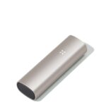 Slim Metallic Silver Cylindrical Gadget with a White Plus Mark on Top Angled on a White Background - Australia E-cigarette Store