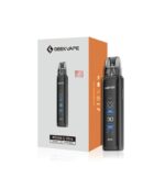 Geekvape Wenax Q Ultra Vape Device and Box Black Carbon Finish with Blue Display Standing Beside Orange Packaging - Australia E-cigarette Store