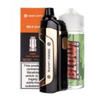 Vape Mod with Gold Accents Beside an E-liquid Bottle and an Orange Geekvape Box Including a Nicotine Warning Label informative Image - Australia E-cigarette Store