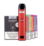 Red Caliburn G3 Vape Pen with Refillable Pods and Boxed Packs in the Background Showcasing a Compact Vaping Device - Australia E-cigarette Store