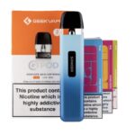 Blue Pod Vape Device with a Black Mouthpiece in Front of Orange Geekvape Packaging and Colorful Replacement Pods Nicotine Warning Label Visible on the Boxpackaging - Australia E-cigarette Store