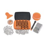 Pill Counting Kit with Orange and Black Dosing Trays a Digital Scale a Small Orange Funnel and Many Small Round Pills Scattered Nearby - Australia E-cigarette Store