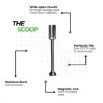 Infographic of a Stainless Steel Scoop Titled the Scoop with Labeled Features Wide-open Mouth Stainless Steel Construction Perfectly Fills the Potv Lobo in One Scoop and a Magnetic End with Multiple Uses - Australia E-cigarette Store