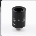Black Cylindrical Vape Atomizer with Warning Icons and Ce Mark Side View - Australia E-cigarette Store