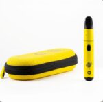 Yellow Vape Pen with Black Mouthpiece Standing Upright Beside a Yellow Zipped Case on a White Background Lemon-themed Design Visible on the Device and Case - Australia E-cigarette Store
