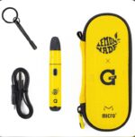 Yellow Pen-style Vape Device with Black Ends Accompanied by a Usb Charging Cable a Small Cleaning Tool and a Bright Yellow Protective Case Pouch Labeled g Pen and micro+ - Australia E-cigarette Store