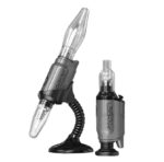 Lookah Electronic Dab Rig with a Curved Neck on a Stand and a Detachable Cartridge Beside It Gray and Black Finish - Australia E-cigarette Store