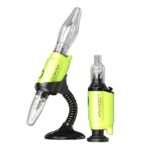 Bright Lime-green Lookah Dab Rig with Glass Components Mounted on a Black Stand Shown with a Matching Portable Vaporizer Beside It - Australia E-cigarette Store