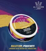Al Fakher Nicotine Pouches Tin with Blue Raspberry Lemonade Flavor on a Colorful Brushstroke Background Showing nicotine Pouches and tobacco Free Text - Australia E-cigarette Store