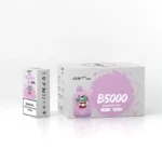 Boxed Iget B5000 Vape Packaging with a Pink Bottle Design and Purple Splash Art Reading b5000 Blueberry Razz on a White Surface - Australia E-cigarette Store