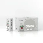 Boxed Vape Product Iget B5000 Orange Grapefruit Lemon Flavor with a Cartoon Character on a Gray Splash Background larger Box - Australia E-cigarette Store