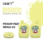 Yellow Iget B5000 Rechargeable Disposable Vape Passion Fruit Mango Ice Flavor Shown with Front and Side Views and Cartoon Graphics - Australia E-cigarette Store