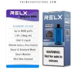 Relx Vape Packaging Showing Blueberry Splash Flavor Left Panel Lists Specs up to 8000 Puffs 18 Nicotine 14ml and Right Panel Shows the Device with a Warning not for Sale to Minors - Australia E-cigarette Store