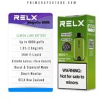 Relx Vape Packaging Left White Card with lemon Lime Bitters Infoup to 8000 Puffs 18 Nicotine 14ml E-liquid Right Green Box Showing Relx Device and not for Sale to Minors Warning - Australia E-cigarette Store