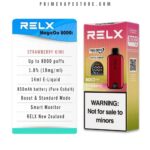 Relx Vape Packaging Left Bluewhite Flavor Card with Strawberry Kiwi and Puff Specs Right Pink Box with Red Device and not for Sale to Minors Warning - Australia E-cigarette Store