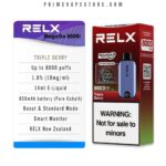 Relx Magicgo 8000i Packaging Displaying Triple Berry Flavor and Up to 8000 Puffs Beside a Red Relx Box with a Minor-age Warning - Australia E-cigarette Store
