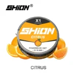 Shion Citrus Flavored Nicotine Pouch Tin Labeled X1 with Orange Slices in Background on White Page Citrus Branding Prominent - Australia E-cigarette Store