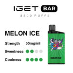 Iget Bar Melon Ice 50 Mgml 3500 Puffs Vape Device with Green Label Sweetness 25 Coolness 55 Brand Logo at Top - Australia E-cigarette Store