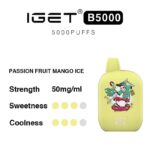 Iget B5000 Passion Fruit Mango Ice Vape Packaging 50 Mgml Sweetness Four of Five Coolness Four of Five with Yellow Bottle Art - Australia E-cigarette Store