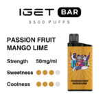 Iget Bar 3500 Puffs Label for Passion Fruit Mango Lime 50 Mgml with Flavor and Intensity Dots and a Vape Device on the Right - Australia E-cigarette Store