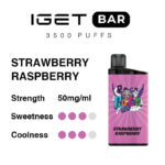 Iget Bar Strawberry-raspberry Vape Packaging Showing 50 Mgml Flavor and Sweetnesscoolness Ratings with a Pink Device on the Right and Bold Text on the Left - Australia E-cigarette Store